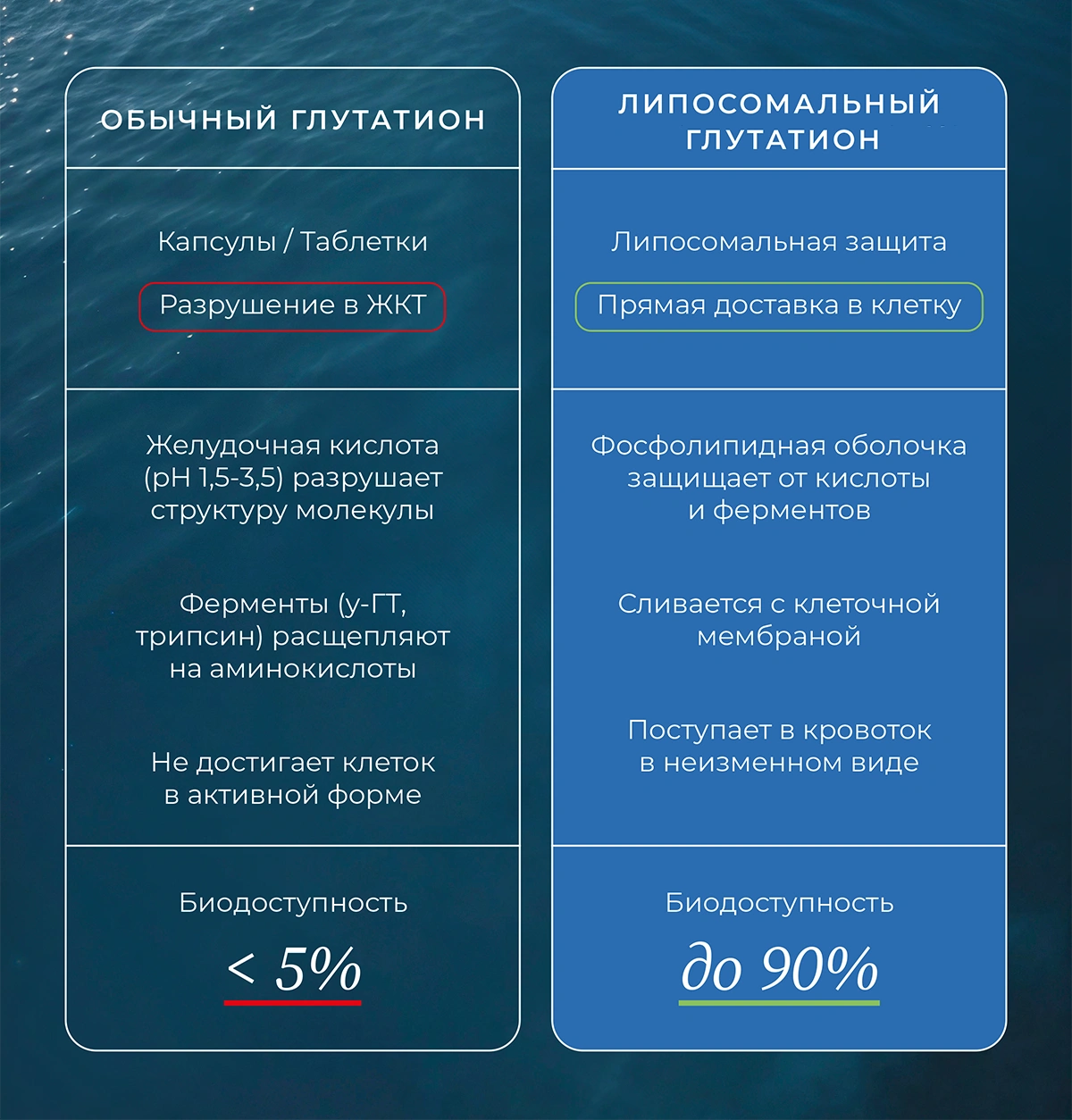 Отличия липосомального глутатиона таблица